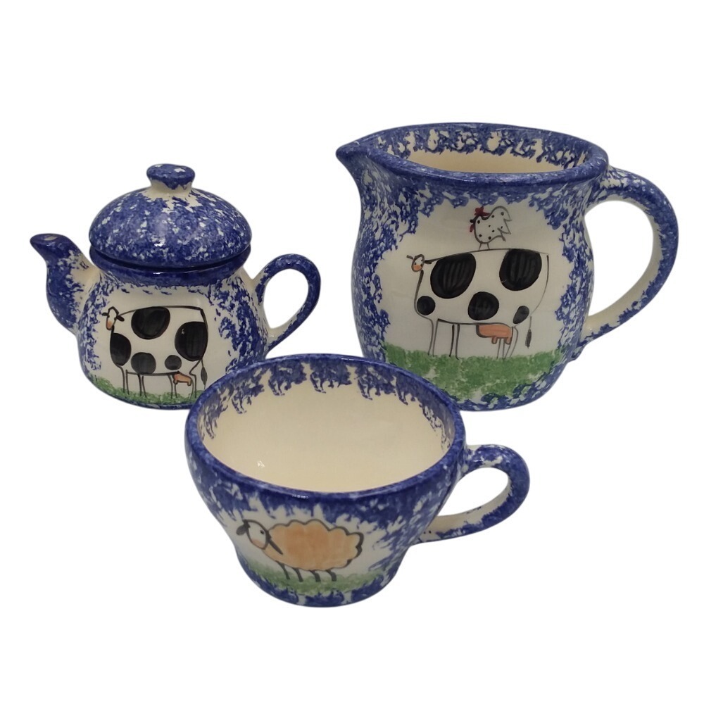 Molly Dallas Pottery Old English Spatterware Tea Set Creamer Cup Farmhouse Decor